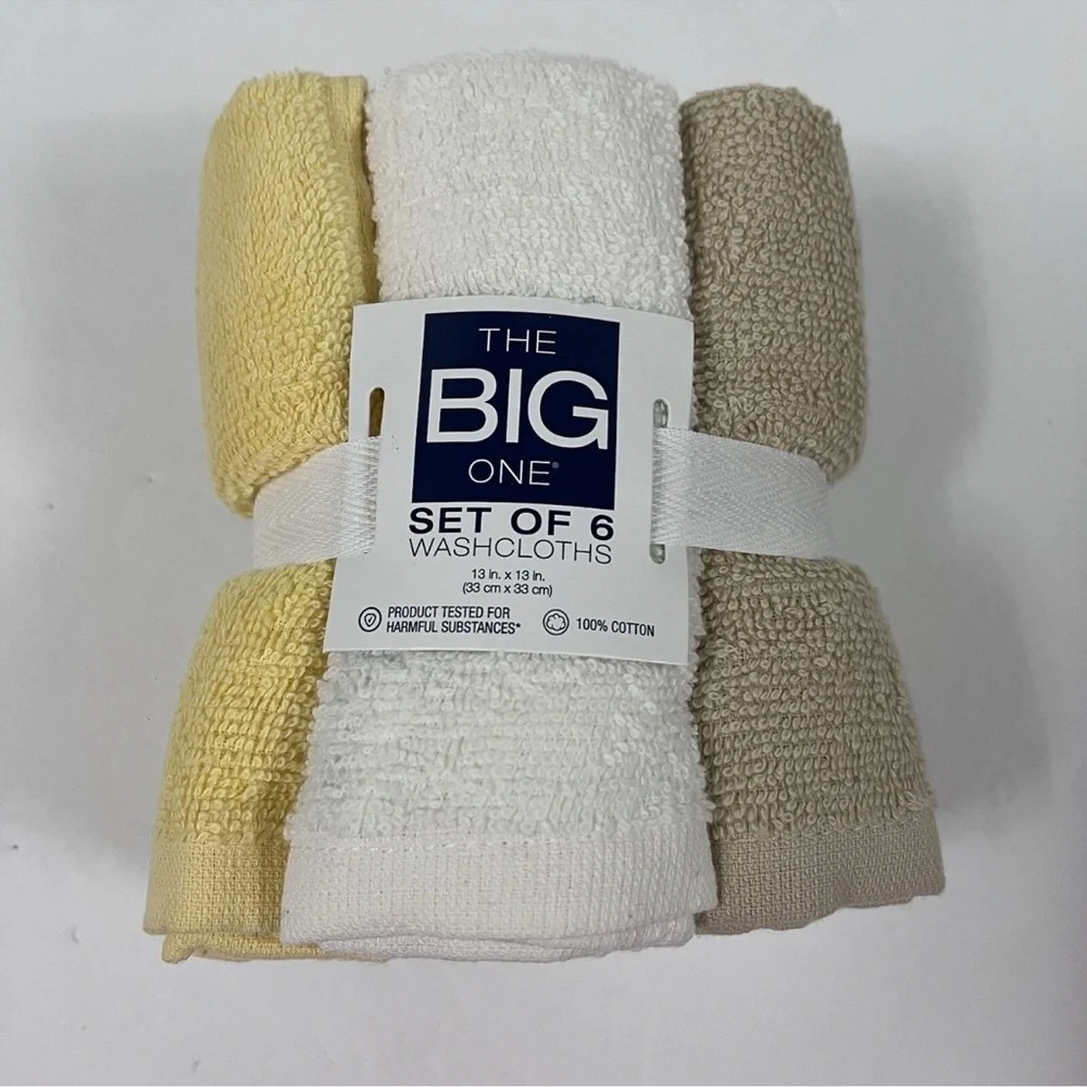 2x The Big One Washcloths Face Cloths 6 Pack 100% Cotton yellow & White 13”x 13”
